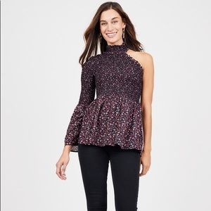 Cece Smocked Floral One Shoulder High Neck Top Sz M